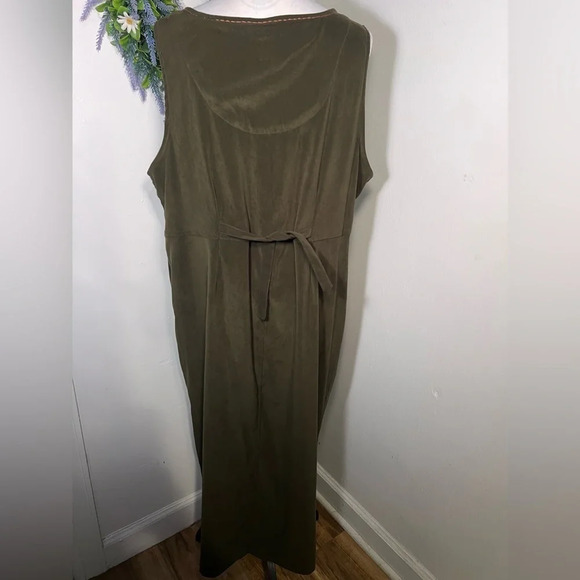 Erika,1X, embroidered beaded sleeveless, olive,crushed velvet button front maxi - Picture 2 of 8